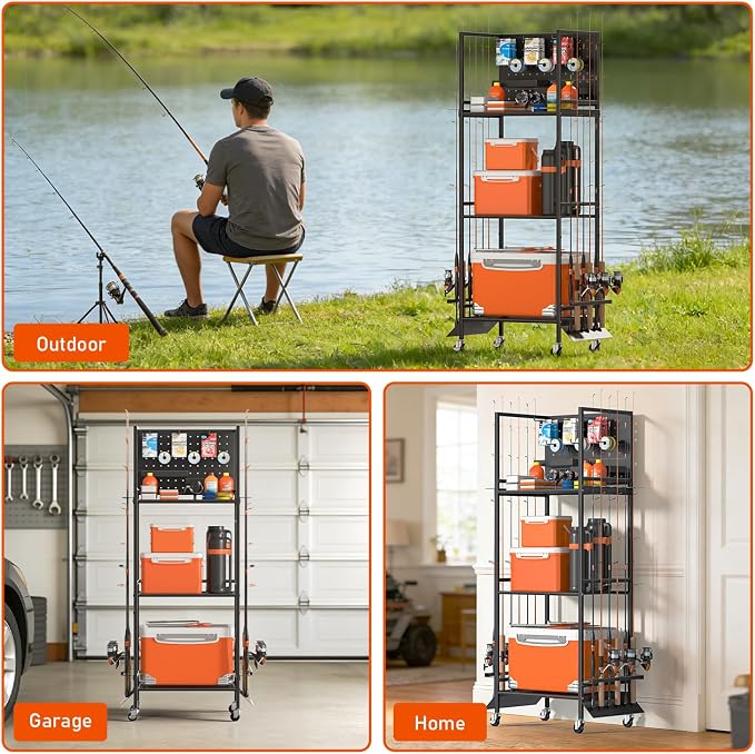 12-Rod Fishing Pole Holders for Garage, 3-Shelf Fishing Rod Holder with Pegboard and Trays, 360° Rotatable, Rolling Fishing Storage Cart with Wheels for Tackle Box & Fishing Gear Organization