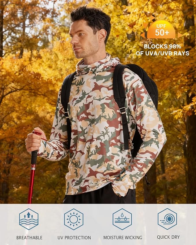 FISHEAL Men's Performance Fishing Hoodie Shirt - UPF 50+ Sun Protection Long Sleeve Thumbholes Shirts with Neck Gaiter