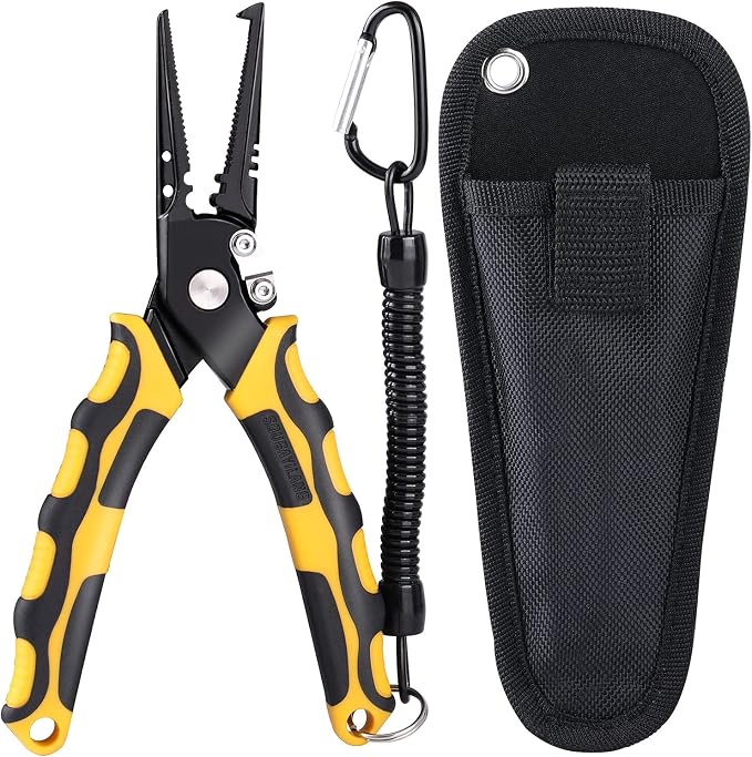 Sougayilang Fishing Pliers,Sheath and Lanyard Tungsten Carbide Cutters,420 Stainless Steel Fishing Tools,Saltwater Resistant Fishing Gear with Rubber Handle-7.5'' Split Ring Nose - Yellow