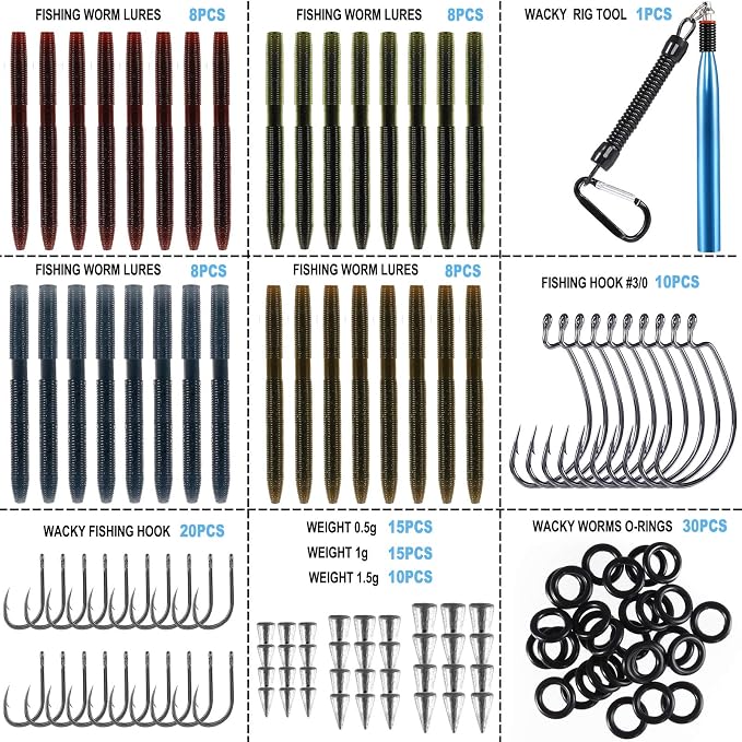 PLUSINNO Wacky Worm Fishing Lure Kit, Soft Plastic Fishing Lures, Grub Baits Hook Wacky Rig Bass Trout Fishing Worms Lures w/Tackle Box
