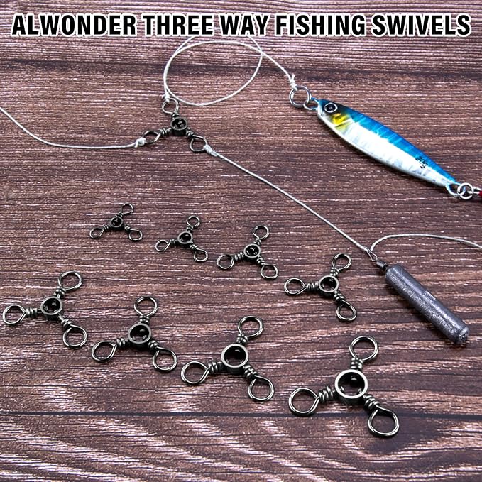 Alwonder 100-Pack 3 Way Swivels Fishing Tackle, 28-143LB Stainless Steel Black Nickel Three Way Swivel Fishing Swivels Connectors Saltwater Freshwater Surf Deep Drop Catfishing Rigs Tackle