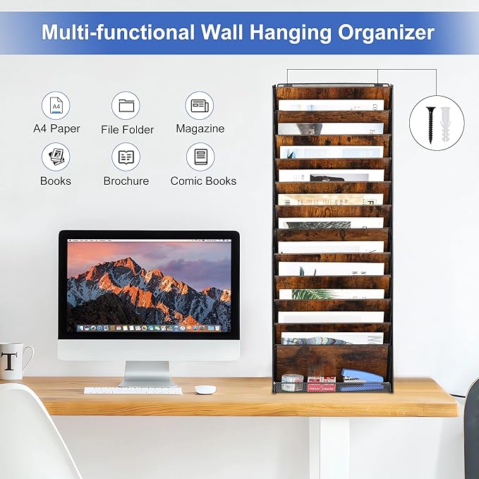 TQVAI 12-Tier Hanging Wall File Organizer - Folding Wall Mounted Mail Document Holder, Metal Clipboard Storage Rack for Office, Homeschool, Classroom Organization, Black/Vintage