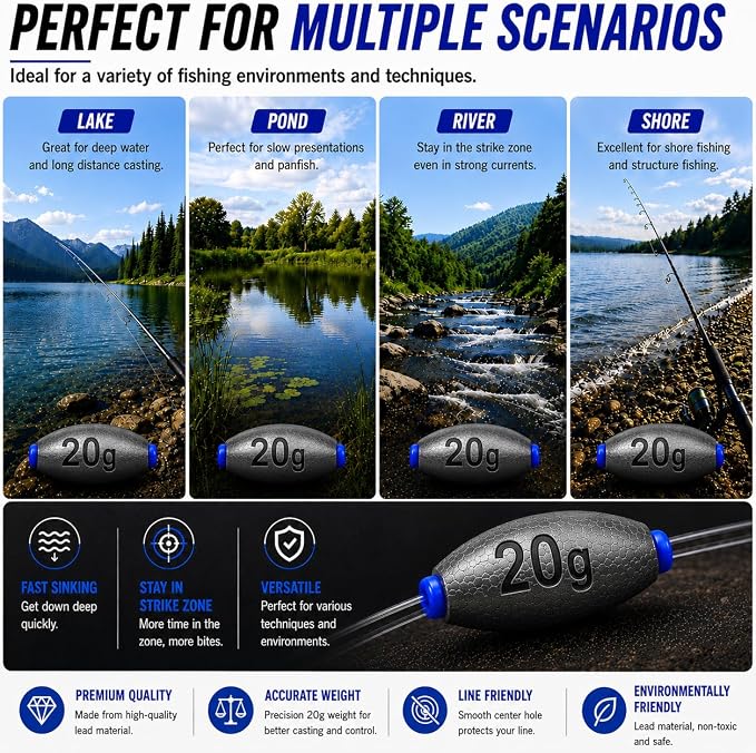 Egg Sinkers Fishing Weights, Oval Slip Sinkers Bullet Lead Fishing Weights for Freshwater Saltwater Tackle Set 1/8oz to 1oz