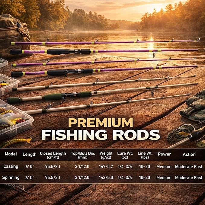 Sougayilang Fishing Rod 24-Ton Carbon&Glass Fiber Composite Spinning and Casting Rod, 2 Piece for Bass Trout Crappie Travel Fishing- 6'0"