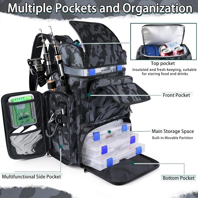 Fishing Backpack with Tackle Boxes,45L Large Waterproof Fishing Bag with Fishing Gear,Fishing Gifts for Men Women,Gear Combo Kit,Camouflage Black