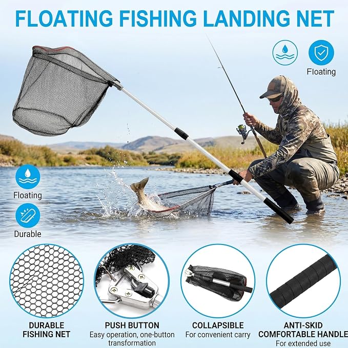 ZENFUN 2 Pack Fishing Net with Telescopic Pole Handle, Fish Landing Net with Sturdy Collapsible Handle, Folding Nylon Mesh Landing Net for Saltwater and Freshwater, Extend to 51 in(Black, White)