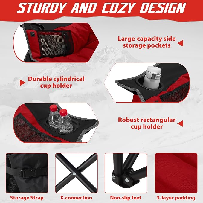 Youtanic Oversized Extra Large Heated Padded Camping Chair up to 500lbs, 3 Heat Levels Camp Chair with Carry Bag, Outdoor Heating Folding Chairs for Adults, Fishing, Sports, Picnic, Red-Black