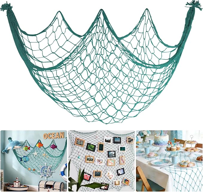 Decorative Fishing Net for Party - 80x40 in Aqua Fish Net Decor Mermaid Net Under The Sea Hawaiian Pirate Party Decorations, 3mm Natural Cotton Nautical Netting Wall Table Ocean Beach Decor