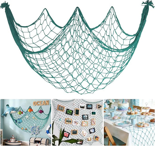 Decorative Fishing Net for Party - 80x40 in Aqua Fish Net Decor Mermaid Net Under The Sea Hawaiian Pirate Party Decorations, 3mm Natural Cotton Nautical Netting Wall Table Ocean Beach Decor