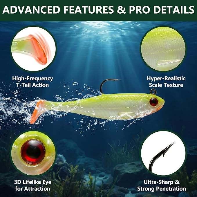 Soft Fishing Lures for Bass Fishing:Pre-Gigged Swim Baits for Saltwater or Freshwater.Soft Plastic Fishing Accessories.