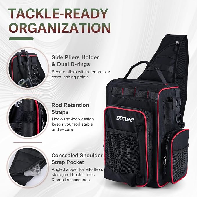 Goture OpenSide Tactical Sling Tackle Bag with 3 Tackle Trays, Lightweight Fishing Backpack Storge Gear - Black Bag Outdoor,Gift for men