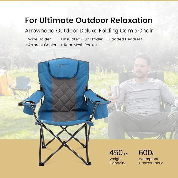 ARROWHEAD OUTDOOR 2-Pack Portable Deluxe Folding Camp Quad Chair w/Headrest, Glass & Cup Holders, Armest 6-can Cooler, Heavy Duty Carry Bag, 550 lbs Weight Capacity