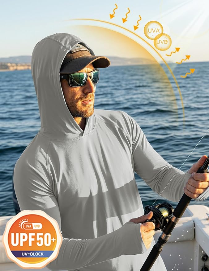 MAGCOMSEN Men's Hooded UPF 50+ Sun Protection T Shirts Long Sleeve Athletic Fishing Shirts Rash Guards