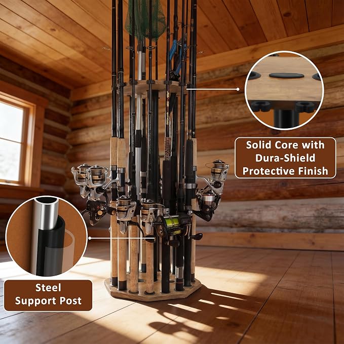 Rush Creek Creations 16-Rod Round Fishing Rod Holder for Garage, 360° Access Fishing Pole Holder for Fishing Rods, Reels, Gear, and Accessories, Securely Holds 16 Rods, Wood Grain