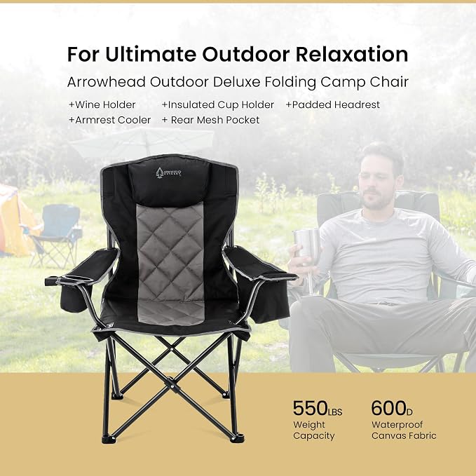 ARROWHEAD OUTDOOR 2-Pack Portable Deluxe Folding Camp Quad Chair w/Headrest, Glass & Cup Holders, Armest 6-can Cooler, Heavy Duty Carry Bag, 550 lbs Weight Capacity