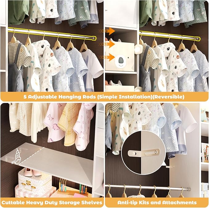 Closet System - 5-8FT Closet Organizer System with Wooden Drawers & Cube Storage Organizer, Up To 96" Closet Systems for Nursery & Walk-In Closets with Cuttable Hanging Shelving, White