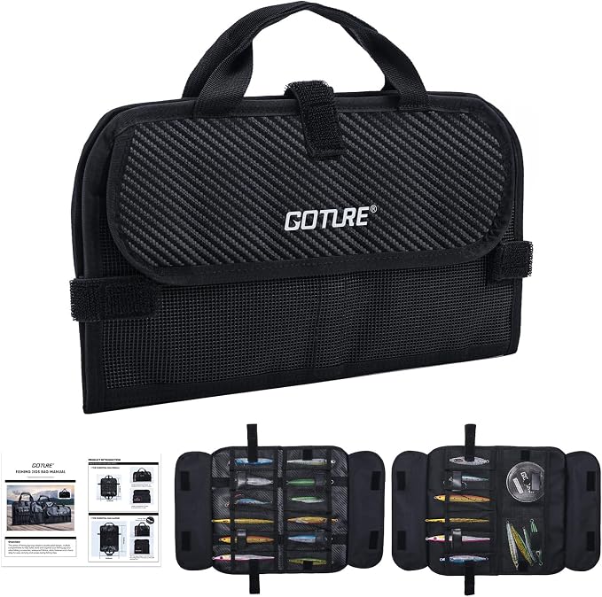 Goture Fishing Jig Bag,20 Mesh Pockets Portable Water-Resistant 600D PU Fishinig Lure Bag Saltwater Freshwater Suitable For Max 5.7" Length Vertical Jig Slow Pitch Jigging Bait Storage (12.99"x7.09")