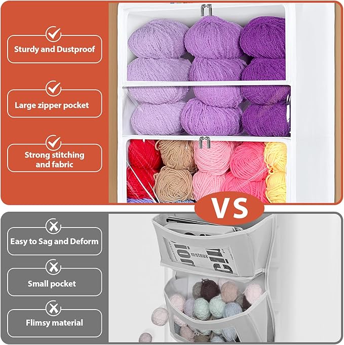 Univivi Hanging Yarn Storage Organizer with 5 Zipper Closure Compartments, Large Capacity Knitting Organizer Storage, Over the Door Hanging Yarn Holder for Knitting Needles,Crochet Hooks (Clear White)