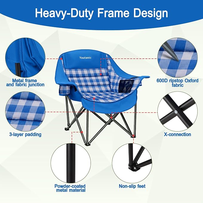 Youtanic Oversized Extra Large Padded Camping Chair, Heavy Duty 400 lbs Foldable Lawn Chair, Ergonomic Outdoor Seat with Plaid Design, Cup Holders & Storage Pockets for Fishing, Sports, Blue