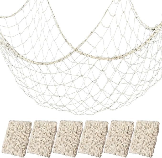 6Pcs fish net decorations Natural fishing net decor scallop beach Party Decoration Luau Tropical Nautical Beach Table Cover ocean Theme Decor for Party Home Bedroom Wall Hanging Nets