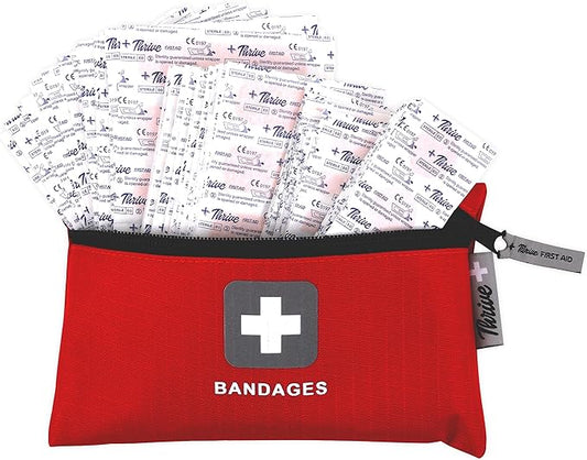 Thrive Fabric Adhesive Bandages Variety Pack - Zipper Pouch for Travel First Aid Kit - Waterproof & Latex-Free for Camping First Aid Kit - Multi-Size Strips for Medkit - Pack of 305, Red