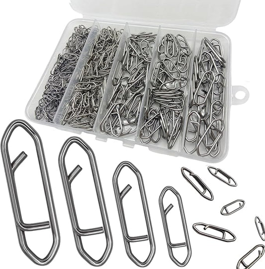 280Pcs/Box Stainless Steel Fishing Power Speed Clips (SS:100Pcs,S:100Pcs,M:60Pcs,L:20Pcs) High Strength Fishing Connector Swivels Snaps for Quick Change Lure Tackle Saltwater Freshwater