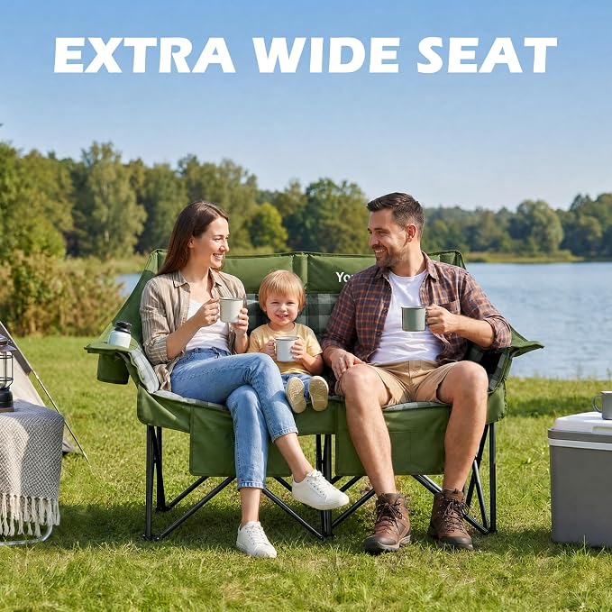 Youtanic Double Camping Chair, Heavy Duty 650lbs Padded Loveseat for Adults, Folding 2 Person Camp Couch with Cup Holder & Carry Bag, Wide Plaid Portable Lawn Seat for Outdoor Beach Sports, Green