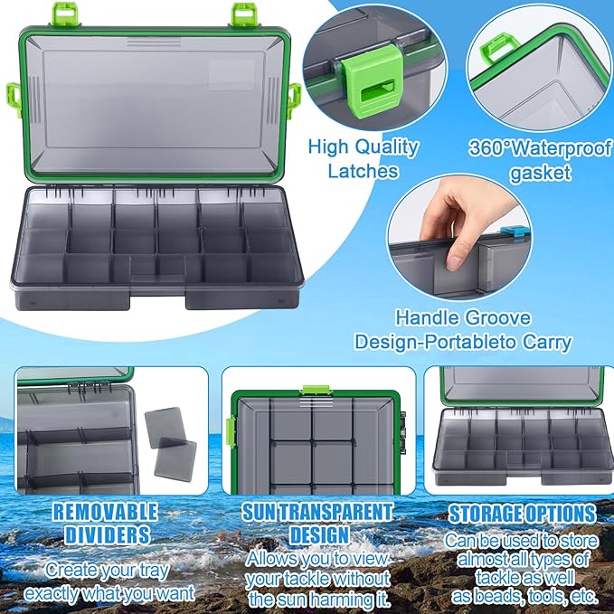 Wonderjune 6 Pack Fishing Tackle Boxes Waterproof 3600 and 3700 Tackle Trays with Removable Dividers Plastic Storage Organizer Bait Vault Camouflage Box for Freshwater Saltwater (Green,3700)