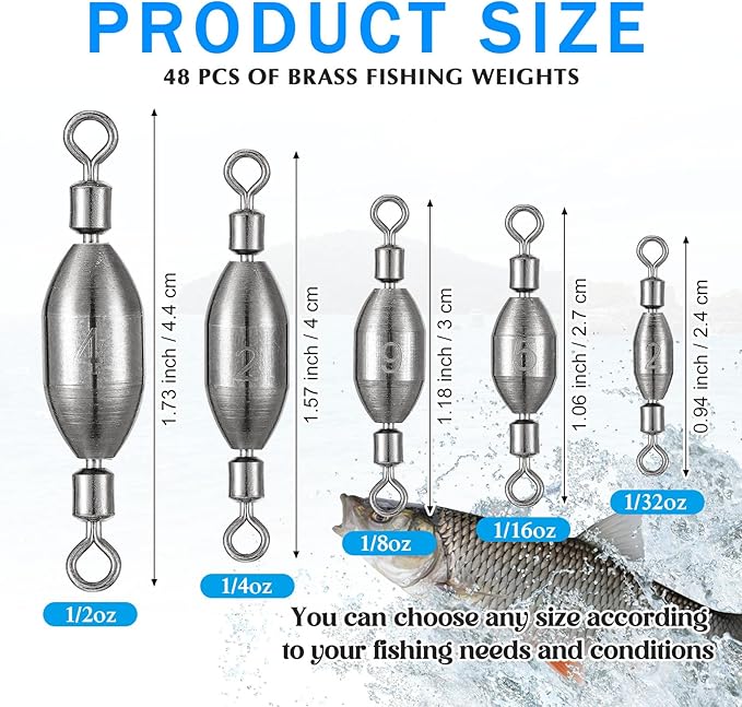 Seenelling 48 Pcs Trolling Sinkers with Swivels Brass Fishing Sinker Different Sizes Egg Sinkers Fishing Weights Saltwater Bullet Sinker with Swivel Rolling Removable Freshwater
