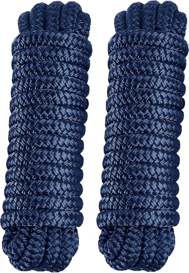 2-Pack Double Braid 3/8" x 20' Dock Lines – Nylon Boat Ropes for Docking with 12" Spliced Eye – Heavy Duty Marine Rope – Soft & Durable Boat Lines for Pontoon and Light Boat (Navy Blue)