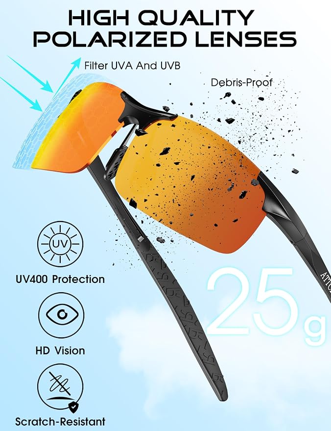 ATTCL 0.9 oz Polarized Sunglasses Men Sports: UV Protection Anti Glare Wrap Around Lightweight Metal Fishing Golf Running