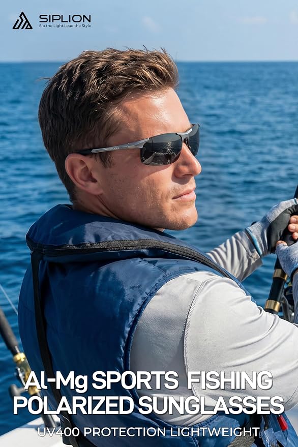 SIPLION Polarized Sunglasses Men Sports: UV Protection Ultra Light Al-Mg Metal Frame Ideal For Driving Fishing Running Golf