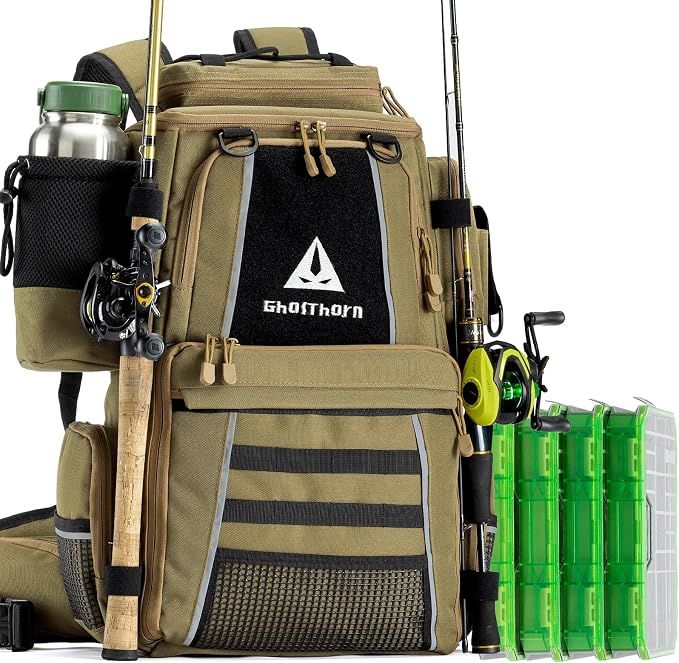 Ghosthorn Fishing Tackle Backpack with 4 3600 Tackle Boxes Rod Holder Outdoor 43L Large Bag with Detachable Wasit Bag Storage Fishing Gear and Equipment Waterproof