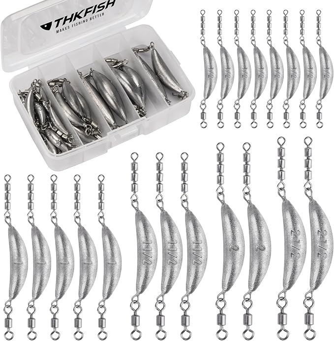 THKFISH Fishing Spin Sinker，Crescent Sinker with 3 Roller Swivels Fishing Sinker Drop Shot Weights Fishing Weights Kit Inline Trolling Sinkers,Torpedo Sinkers Saltwater Freshwater,1/2-6OZ, sliver