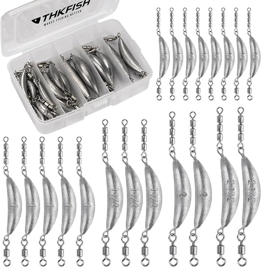THKFISH Fishing Spin Sinker，Crescent Sinker with 3 Roller Swivels Fishing Sinker Drop Shot Weights Fishing Weights Kit Inline Trolling Sinkers,Torpedo Sinkers Saltwater Freshwater,1/2-6OZ, sliver