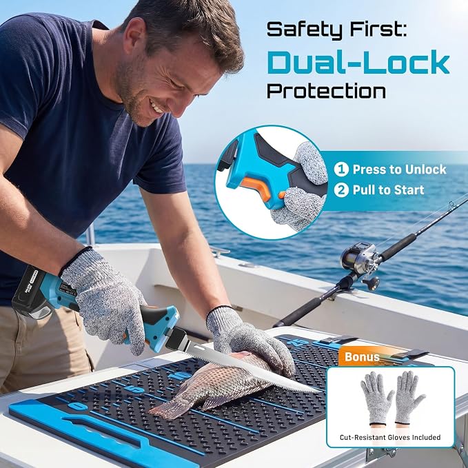 Seesii Cordless Electric Fillet Knife and Fish Fillet Mat Set, High Speed Rechargeble Filet Knife, Non-Slip Grip, Anti-slip Texture With 25" Integrated Ruler for Filleting and Meat Slicing