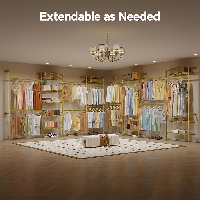 W4 Wall Mounted Clothes Rack, Industrial Pipe Clothing Rack, Garment Rack with 6 Hanging Clothes Rods Double Expandable Rods & 6 Adjustable Shelves, Heavy Duty Corner Wardrobe Racks, Gold