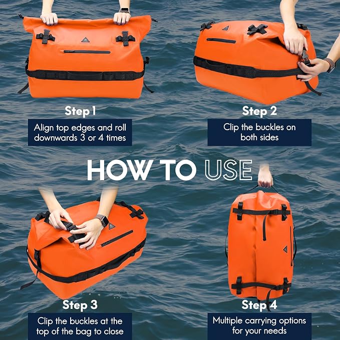 Haimont IPX7 Waterproof Roll-Top Dry Duffel Backpack | 60L/90L Sizes, 500D Tarpaulin, Welded Seams, Mesh Pockets, Boating & Kayaking