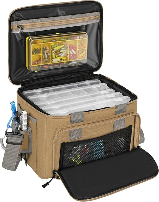 20L Fishing Tackle Bag Empty, Fits 3400-3600 Lure Boxes, Water Resistant Fishing Gear Storage Bag, Portable Padded Shoulder Strap Bag for Saltwater Freshwater, Khaki