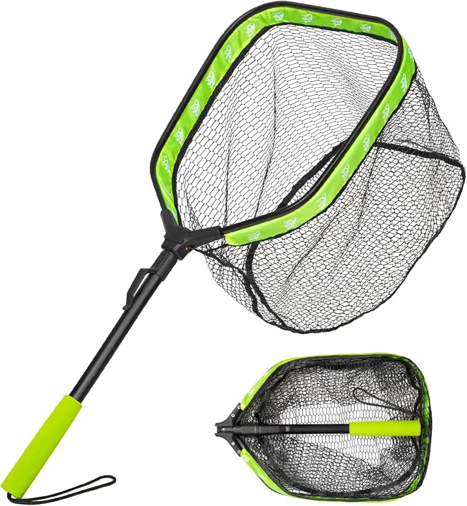 Floating Fishing Net, Collapsible Landing Net, Fish Net with Rubber Coated Polyethylene Netting for Bass, Trout, Fly Fishing, Kayak & Boat Fishing