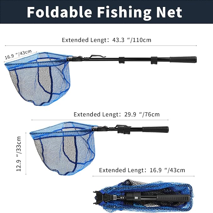 SANLIKE Fishing Net Folding Landing Net with Extra Long Telescoping Pole Handle, 37-98.4inch Rubber Coated Fishing Net for Easy Catch Release, Fish Net for Kids and Adults, 98.4"/ 71"/ 50.4"/ 43"/ 37"