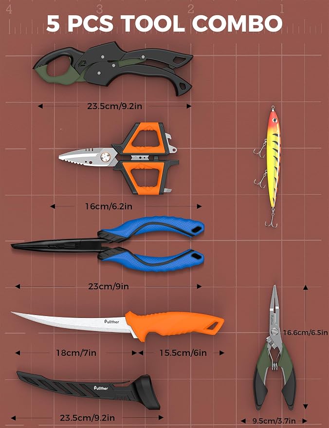 5PC Fishing Tool Kit - Fillet Knife, 2PC Fishing Pliers,Fishing Braid Scissors and Fish Lip Gripper, Fishing Gear for Fly Fishing, Ice Fishing