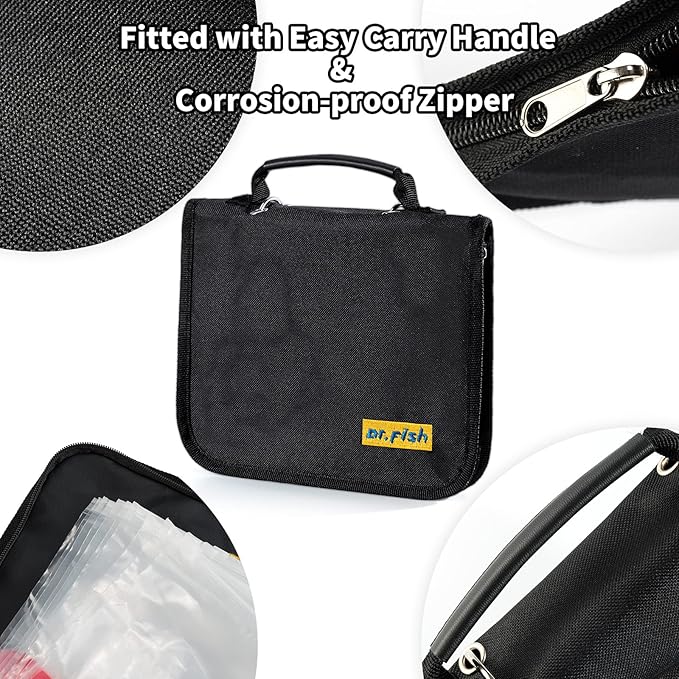 Dr.Fish Soft Bait Binder 10 Pieces PVC Bag Fishing Lure Storage Tackle Wallet Waterproof Heavy Duty Buckle Corrosion Resistant Zipper Worms Snell Hooks Sinkers Rig