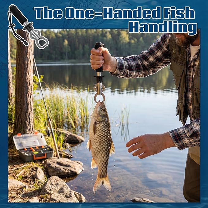 Konohan 3 Pack Fish Lip Gripper with Scale 33lb Stainless Steel Fish Landing Tool with Non-Slip EVA Handle & Wrist Strap for Anglers Fishermen Fishing Bass Trout Pike Catch and Release