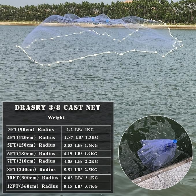 Drasry Saltwater Fishing Cast Net 3/8 and 1/4 Mesh with Heavy Duty Gray Sinker American Monofilament Fish Throw Net for Bait Trap 3FT 4FT 5FT 6FT 7FT 8FT 9FT Radius