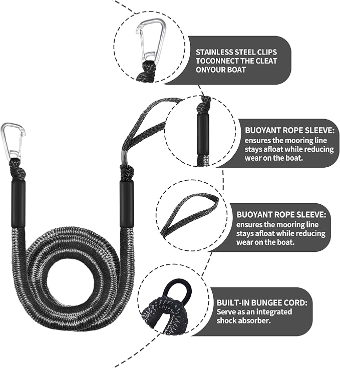 Boat Bungee Dock Lines – Adjustable Boat Tie Downs for Pontoon, Jet Ski, PWC, Kayak | Single Hook Small Cruiser Mooring Lines | (1, Black, 14 Feet)