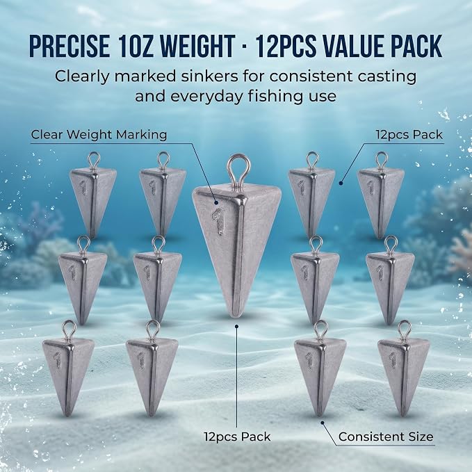 12Pcs Pyramid Sinkers 5 Sizes (1oz–5oz),Surf Fishing Gear – Anti Roll Durable Lead Weights for Freshwater and Saltwater Fishing Weights,for Catfish Rigs, Pompano Rigs, Bottom Fishing