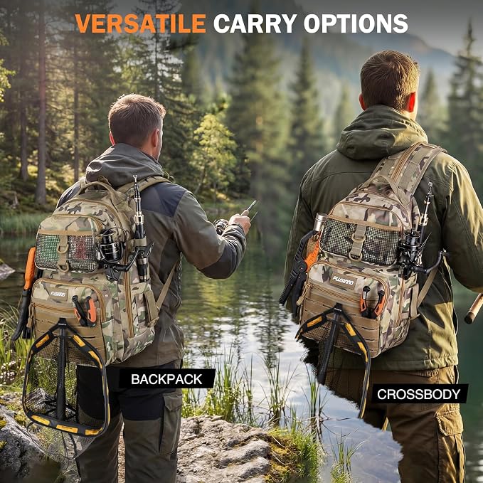 PLUSINNO Fishing Backpack with Fishing Gear Fishing Net, Waterproof Tackle Backpack with Rod Holders, Tackle Box, Lures, Tools, Pliers & Accessories, Fish Gifts for Men