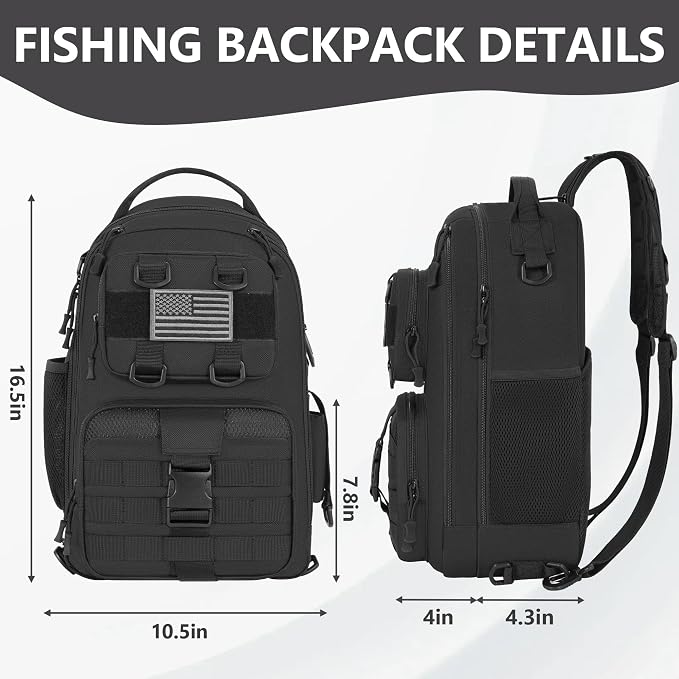 GMAK Fishing Backpack Tackle Sling Bag, Large Tactical Fishing Tackle Backpack with Rod & Gear Holder, Lightweight Outdoor Water-Resistant Tackle Gear Pack Shoulder Bags for Men Women, Black