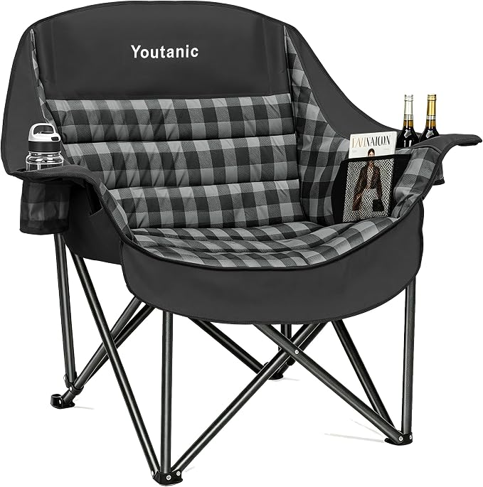 Youtanic Oversized Extra Large Padded Camping Chair, Heavy Duty 400 lbs Foldable Lawn Chair, Ergonomic Outdoor Seat with Plaid Design, Cup Holders & Storage Pockets for Fishing, Sports, Black